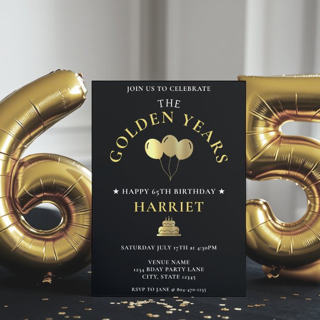 Black & Guld Golden Years 65e Birthday Inbjudningar (Skapare uppladdad)