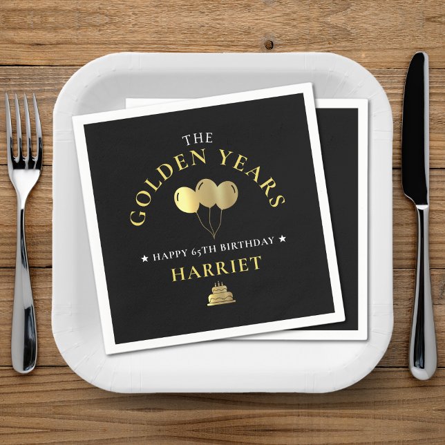 Black & Guld Golden Years 65e Birthday Pappersservett (Black & Gold Golden Years 65th Birthday Napkins)