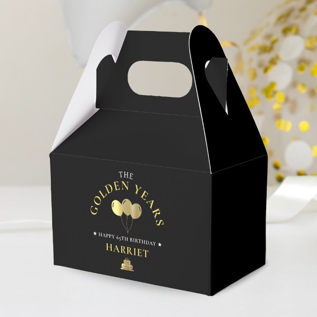 Black & Guld Golden Years 65e Birthday Presentaskar (Black & Gold Golden Years 65th Birthday Favor Box)