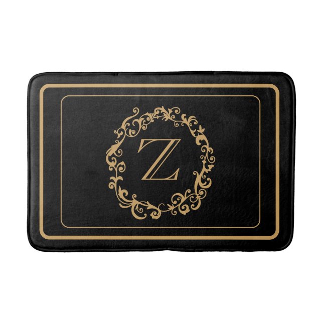 Black Guld Gräns Design Monogram Brev Bath Mat Badrumsmatta (Framsidan)