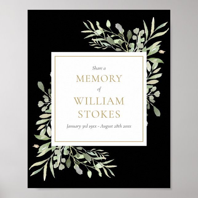 Black Guld Greenery Funeral  A Memory Sign Poster (Framsidan)