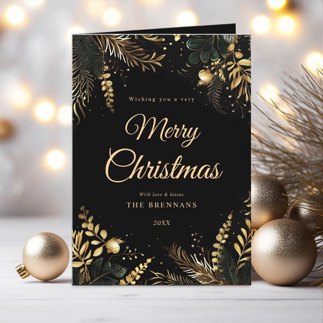 Black Guld Greenery Modern Elegant jul Helgkort (Black Gold Greenery Modern Elegant Christmas Holiday Card)