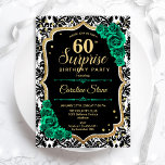 Black Guld Grönt Ro Surprise 60:e födelsedagen Inbjudningar<br><div class="desc">Överraskande 60 Födelsedagsfest inbjudan. Feminsvart,  vit och emerald grönt med faux glitter guld. Innehåller svartvit dammliknande mönster i snöre,  ro,  typsnitt för skript och konetti. Perfekt för en elegants damdag i firande. Kan vara personlig att visa vilken ålder som helst. Skrivna Zazzle-inbjudningar eller digital utskrivbar mall för omedelbar nedladdning.</div>