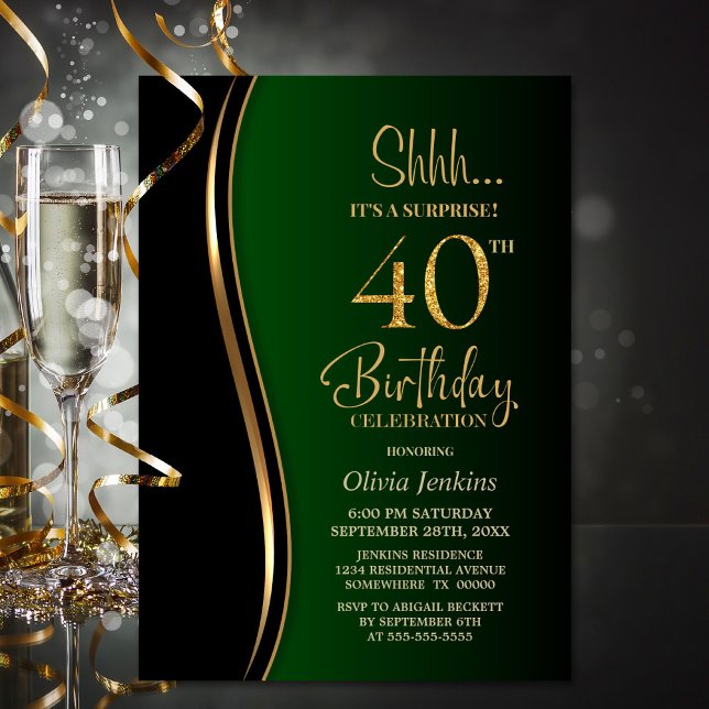 Black Guld Grönt Surprise 40:e födelsedagen Inbjudningar (Skapare uppladdad)