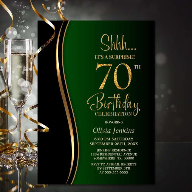 Black Guld Grönt Surprise 70:e födelsedagen Inbjudningar (Skapare uppladdad)