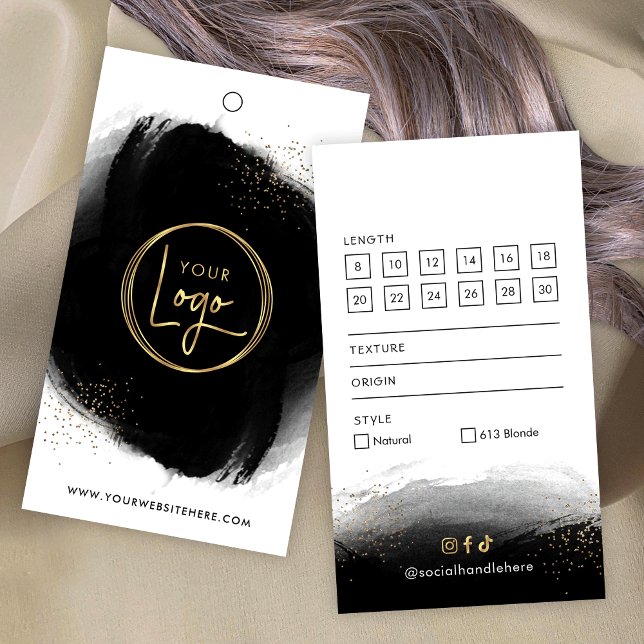 Black & Guld Hair Extensions Boutique Märkre Visitkort (Elegant black watercolor and gold glitter hair extensions hang tag with your logo)