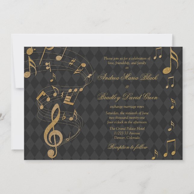 Black Guld Harlequin Music Wedding bjudande Inbjudningar (Framsida)