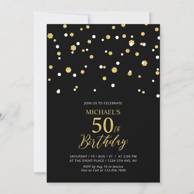 Black & Guld Hexagon Confetti 50:e Födelsedagsfest Inbjudningar (Framsida)