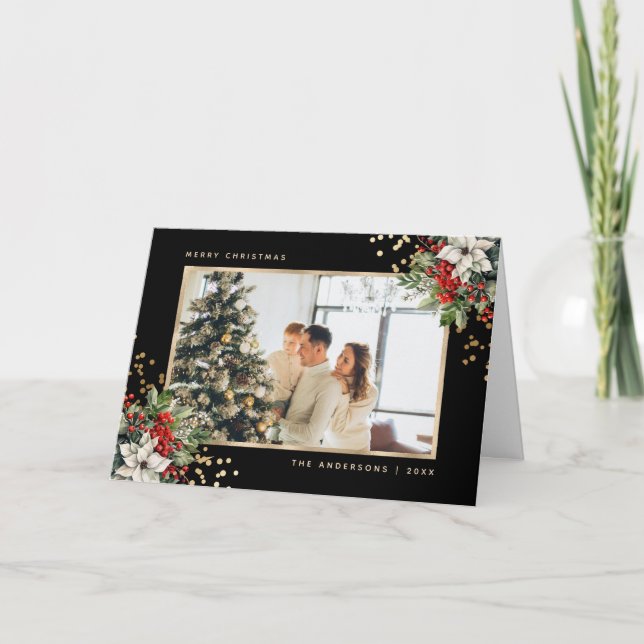 Black Guld Holly Berries Poinsettia Photo Helgkort (Framsida)