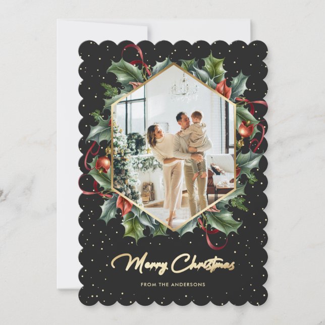 Black Guld Holly Wandeand Photo God jul Card Julkort (Framsida)