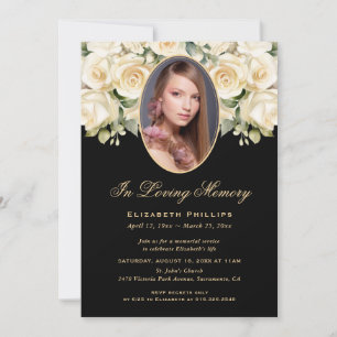 Black Guld Ivory Blommigt Photo Funeral Memorial Inbjudningar