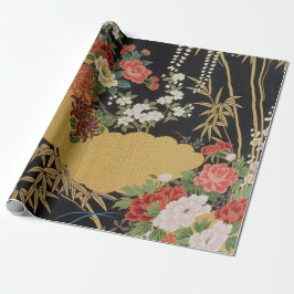 Black Guld Japansk Kimono Blommigt Decoupage Gift Presentpapper
