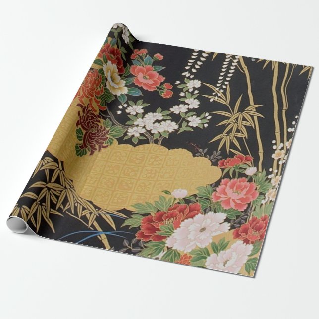 Black Guld Japansk Kimono Blommigt Decoupage Gift Presentpapper (Utrullad)