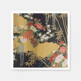 Black Guld Japansk Kimono Blommigt Decoupage Pappe Pappersservett