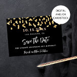 Black guld konetti födelsedagsfest spara datumet<br><div class="desc">En svart bakgrund dekorerad med faux guld konetti. Anpassa och lägg till datum och namn/ålder. Texten: Spara datumet skrivs med ett stort trendig-handskript i stil. Vit brev.</div>