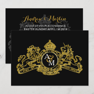 Black Guld Lejon Unicorn Regal Emblem Bröllop Inbjudningar