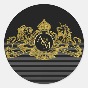 Black Guld Lejon Unicorn Regal Emblem Monogram Runt Klistermärke