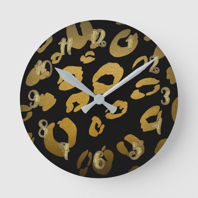 Black & Guld Leopard Cheetah Animal Print Rund Klocka (Framsida)
