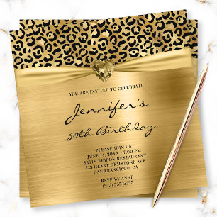 Black Guld Leopard Foil Gem Heart 50:e födelsedage Inbjudningar