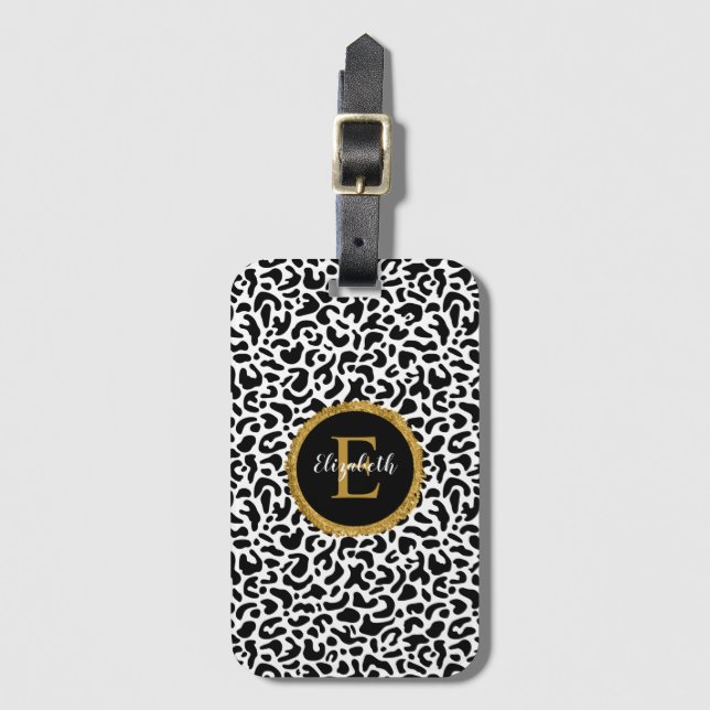 Black Guld Leopard Monogram Bagagebricka (Framsida vertikal)