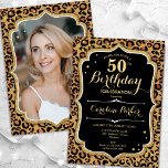 Black Guld Leopard Skriv ut foto 50:e födelsedagen Inbjudningar<br><div class="desc">Elegant femininininbjudan på 50 års födelsedag med ditt foto på baksidan av kortet. Glam black design with animal leopard print and faux glitter guld. Har skript-typsnitt och -konfiguration. Perfekt för en snyggt vuxen under firande party. Anpassa med dina egna detaljer. Kan anpassas för vilken ålder som helst! Skrivna Zazzle-inbjudningar eller...</div>