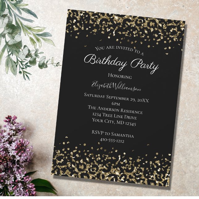 Black Guld Leopard Skriv ut Glitter Overlay Birthd Inbjudningar (Skapare uppladdad)