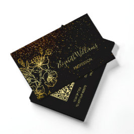 Black Guld Line Art Blommigt Glitter | QR-kod Visitkort