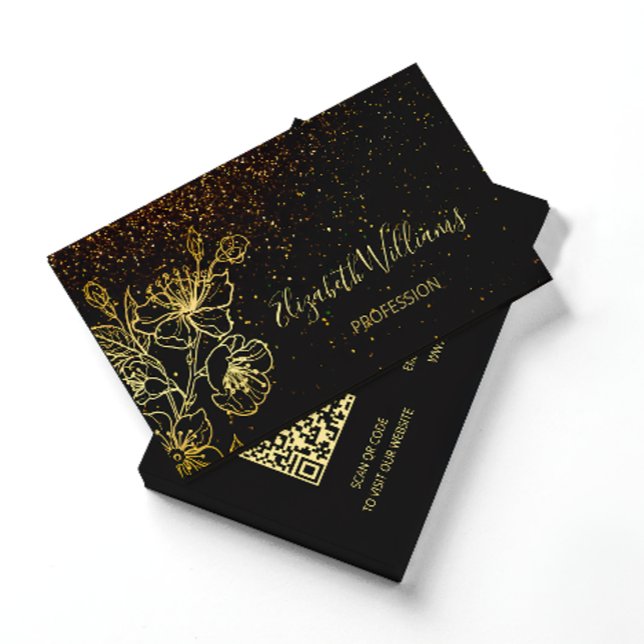 Black Guld Line Art Blommigt Glitter | QR-kod Visitkort (Skapare uppladdad)
