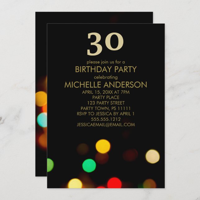 Black Guld Ljus Födelsedagsfest Inbjudningar (Fram/baksida)