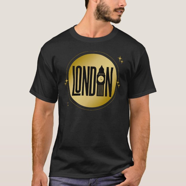 Black & Guld London Skyline Retro City Pride T Shirt (Framsida)