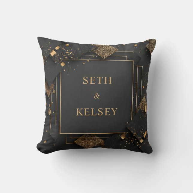 Black & Guld Luxe Geometric Elegant bröllop Kudde (Framsida)