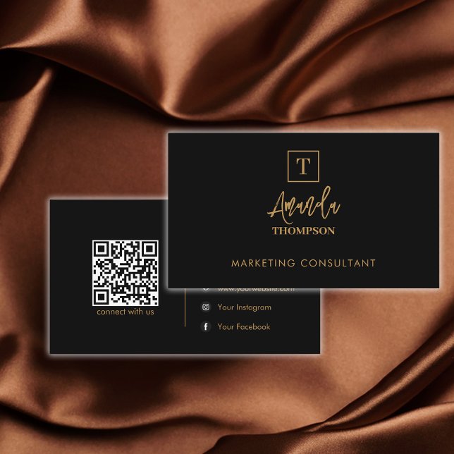Black Guld Luxury Monogram Social Media QR-kod Visitkort (Skapare uppladdad)