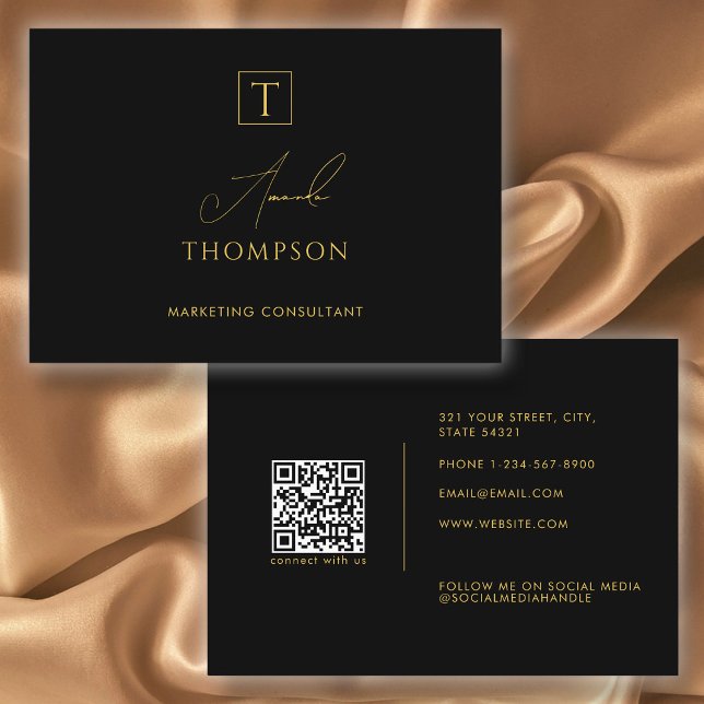 Black Guld Luxury Monogram Social Media QR-kod Visitkort (Skapare uppladdad)