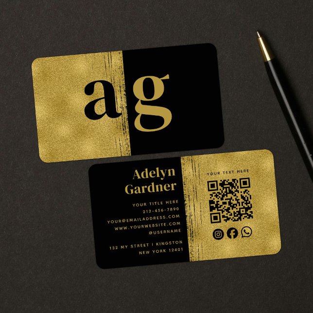 Black Guld Luxury QR Code Monogram Social Media Visitkort (Skapare uppladdad)