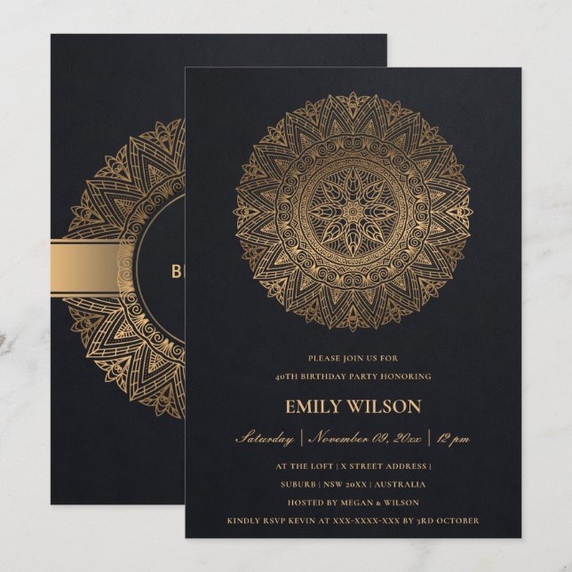 BLACK GULD MANDALA, FÖDELSEDAGSFEST FÖR 65E VARJE  INBJUDNINGAR (Fram/baksida)