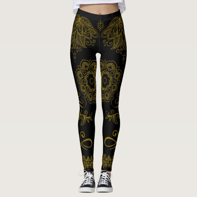 Black/Guld Mandala Leggings (Framsida)
