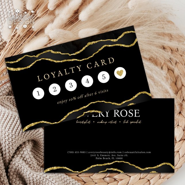 Black & Guld Marble Agate Beauty Salon Loyalty Visitkort (Skapare uppladdad)