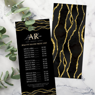 Black & Guld Marble Agate Beauty Salon Pris List Reklamkort