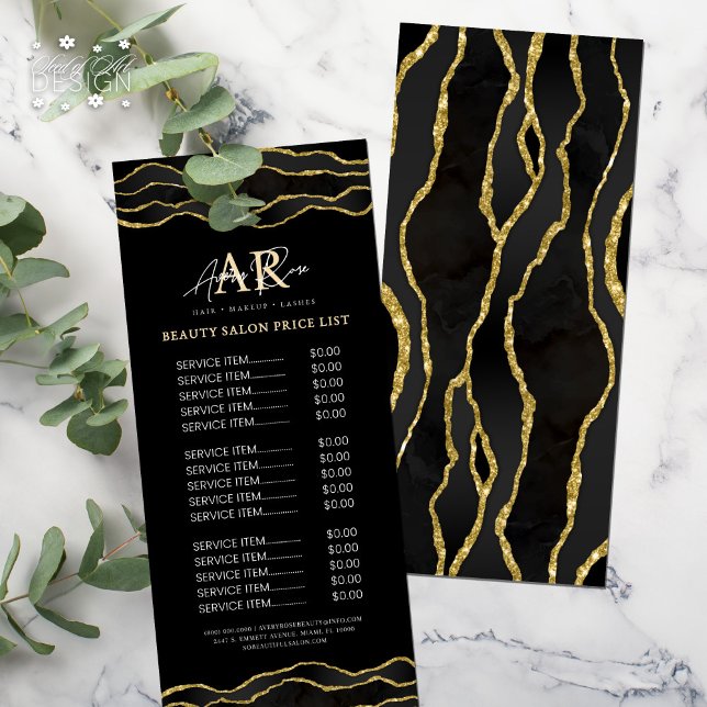 Black & Guld Marble Agate Beauty Salon Pris List Reklamkort (Skapare uppladdad)