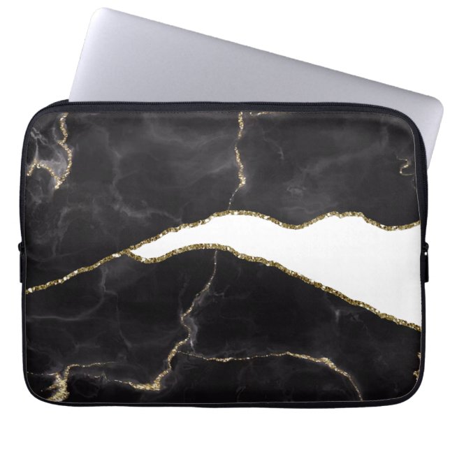 Black Guld Marble Agate Glam Laptop Fodral (Framsidan)