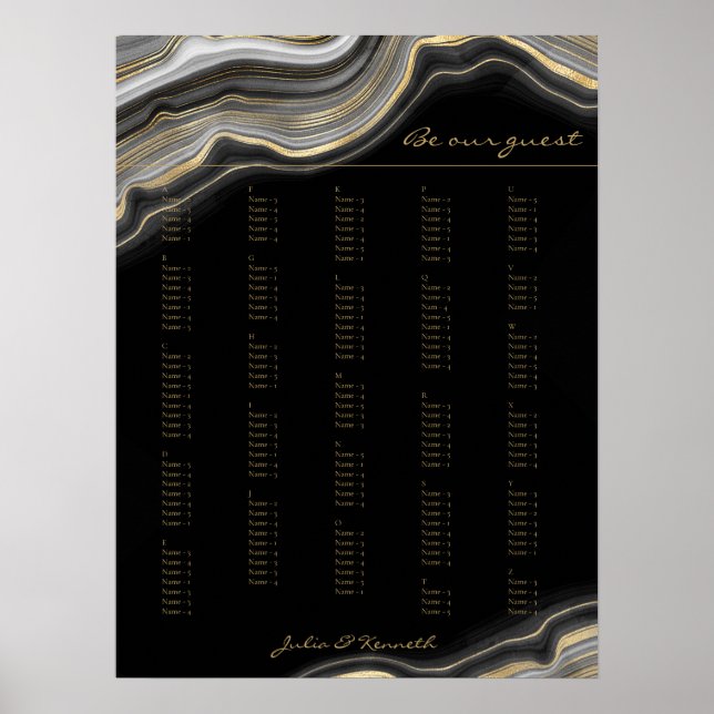 Black Guld Marble Alphabetical Bröllop Poster (Framsidan)