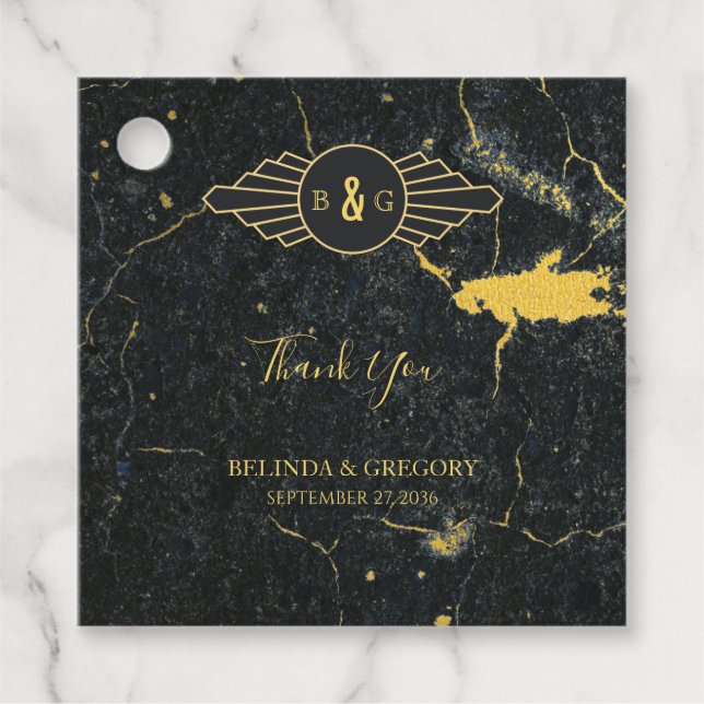 Black Guld Marble Art Deco Bröllop Gåvor Etiketter (Framsida)