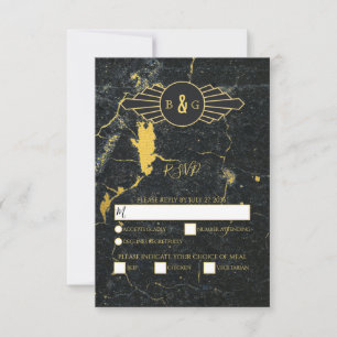 Black Guld Marble Art Deco Bröllop OSA Kort