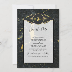 Black Guld Marble Art Deco Bröllop Spara Datumet