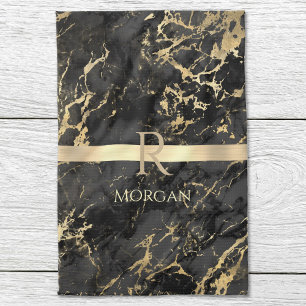 Black & Guld Marble, Guld Monogram, Namn & Rand Kökshandduk