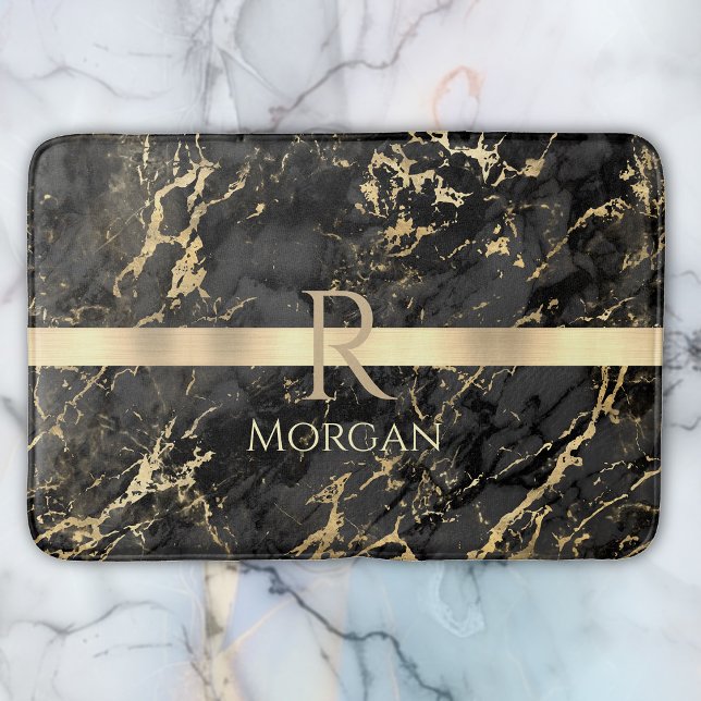 Black & Guld Marble, Guld Pub, DIY Namn & Monogram Badrumsmatta (Skapare uppladdad)