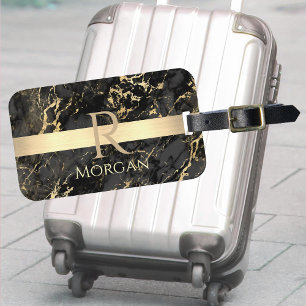 Black & Guld Marble, Guld Pub, DIY Namn & Monogram Bagagebricka