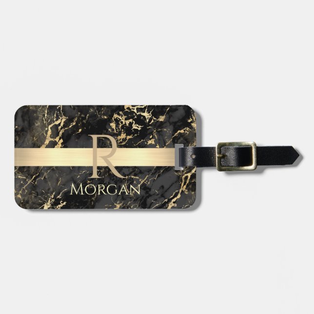 Black+Guld Marble Guld Pub DIY Namn+Monogram, Info Bagagebricka (Horisontell Framsida)