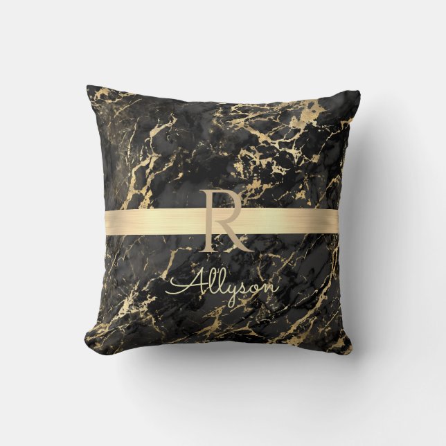 Black & Guld Marble, Guld Pub, DIY Namn & Monogram Kudde (Framsida)