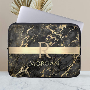 Black & Guld Marble, Guld Pub, DIY Namn & Monogram Laptop Fodral